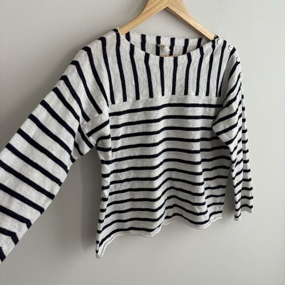 Eileen Fisher Large Petite Sweater Organic Linen Cotton Nautical Stripe Buttons - Picture 3 of 8
